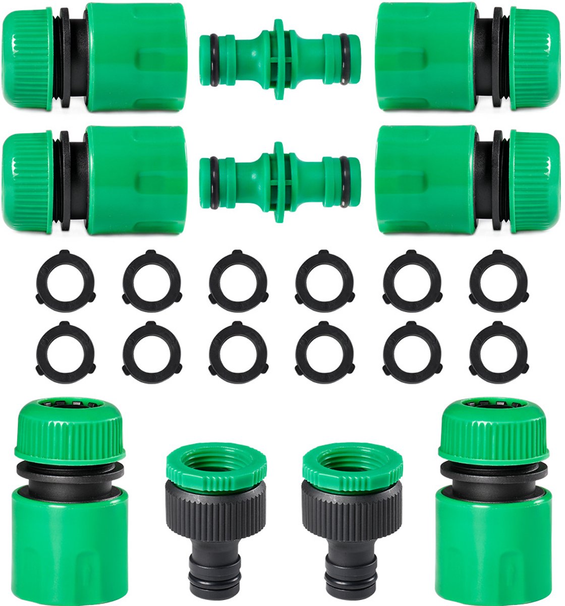 Tuinslang Koppelingen / Opzetstukken Set - Groen/Zwart - Snelkoppeling - Snelkoppelnippel - Waterslangkoppeling en Verbindingsstuk - Koppelstuk Bundel met O-ring - Slang Adapter - tuinslang garden
