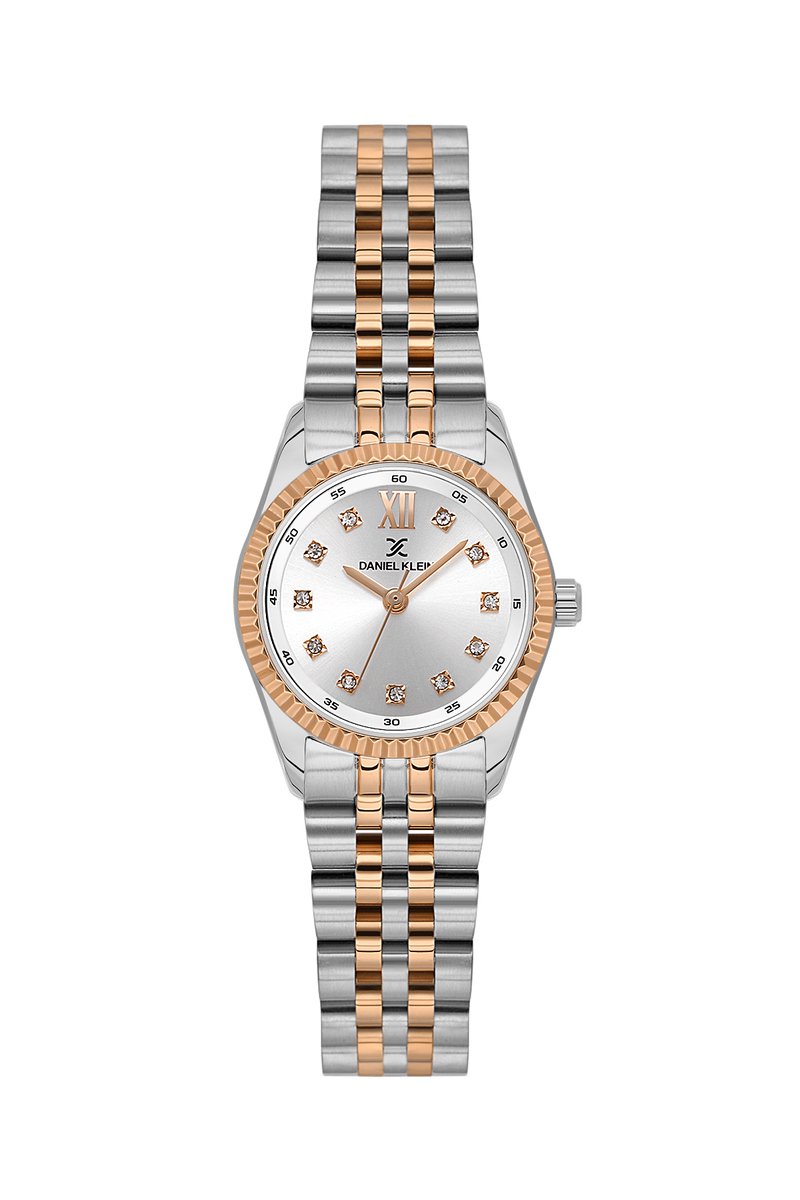 Daniel Klein DK.1.13925-6 - Horloge - Polshorloge - Analoog - Vrouwen - Dames - Stalen band - Rond - Metaal - Romeinse Cijfer - Cijfers - Kleine Briljanten Vierkantjes - Zilverkleurig - Rosékleurig