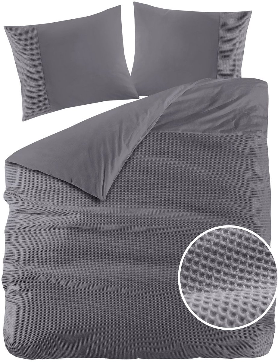Papillon Dekbedovertrek Mendoza Wafel Antraciet Tweepersoons 200x200/220 cm - Hoogwaardige Percale Katoen Super Zacht