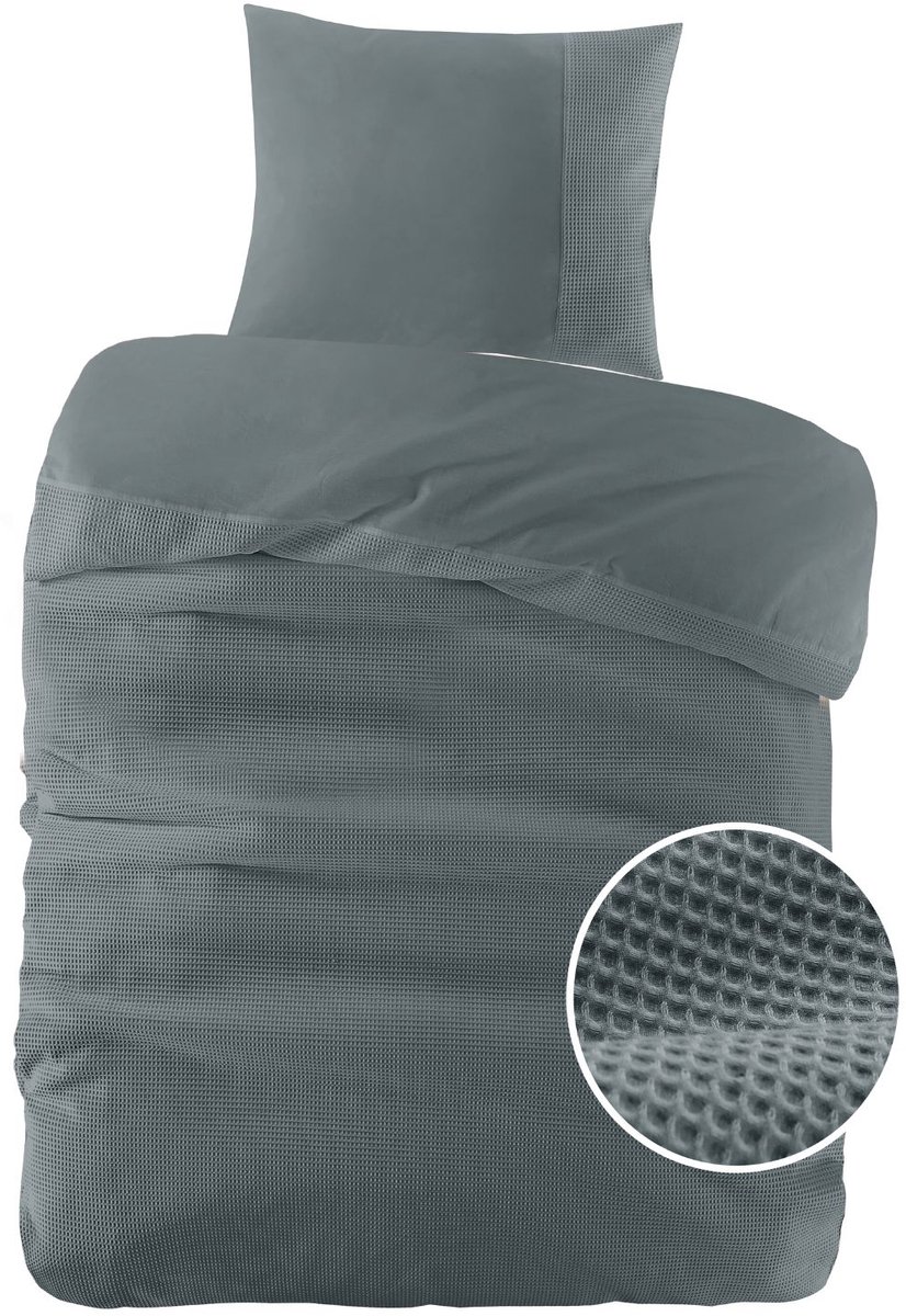 Papillon Dekbedovertrek Mendoza Wafel Donker Groen - 140x200/220 cm - Hoogwaardige Percale Katoen Super Zacht