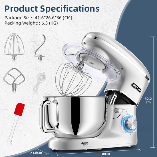 RFWR® Krachtige 1500W Keukenmachine met 6.5QT Kom - Multifunctionele Elektrische Mixer voor Kneden en Bakken van RFWR — afbeelding 3