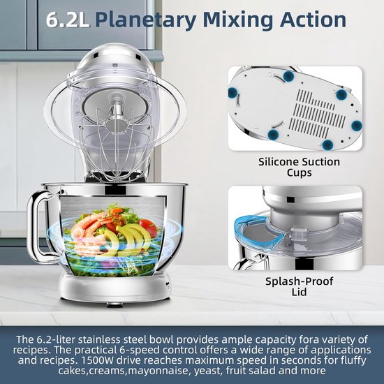 RFWR® Krachtige 1500W Keukenmachine met 6.5QT Kom - Multifunctionele Elektrische Mixer voor Kneden en Bakken van RFWR — afbeelding 5
