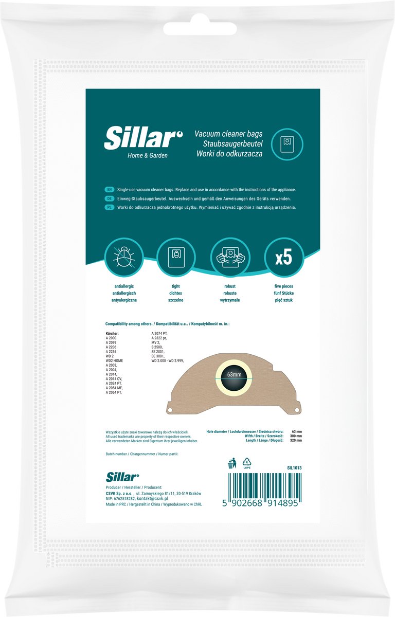 Sillar , stofzuigerzakken, synthetisch, van microvezel, 3 filterlagen, vervanging, geschikt voor stofzuigers Karcher WD2.200 WD 2400 WD 2500 E 5.100 SE 6.100, 5 stuks