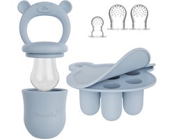 Broemba Baby Fruitspeen + 3 spenen & IJsblokjesvorm - Babyhapjes bewaarbakjes - 100% siliconen Fopspeen Blauw - Sabbelzakje met bijtring