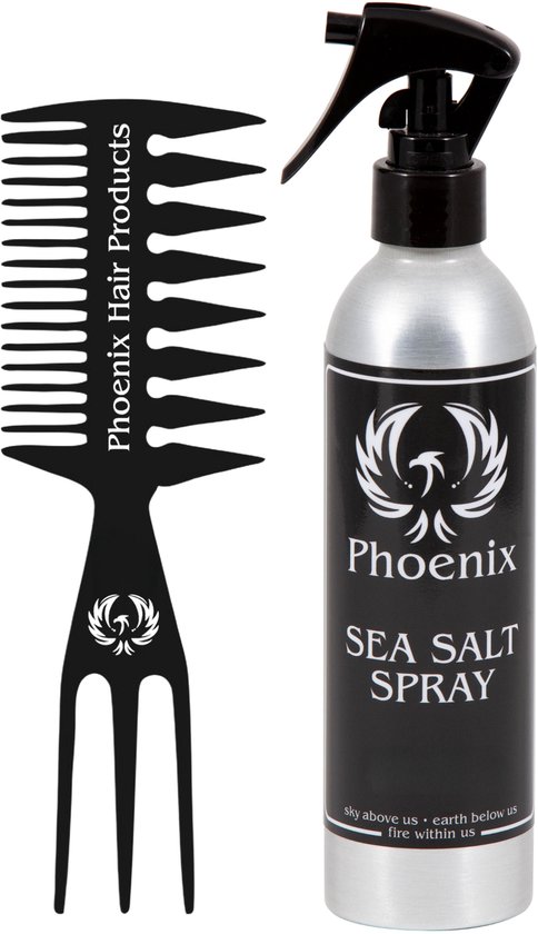 Zwarte Phoenix Hair Products textuurkam naast een fles Phoenix Sea Salt Spray.