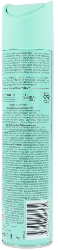Achterkant van een mintgroene spuitbus Taft Volume haarspray met productinformatie.