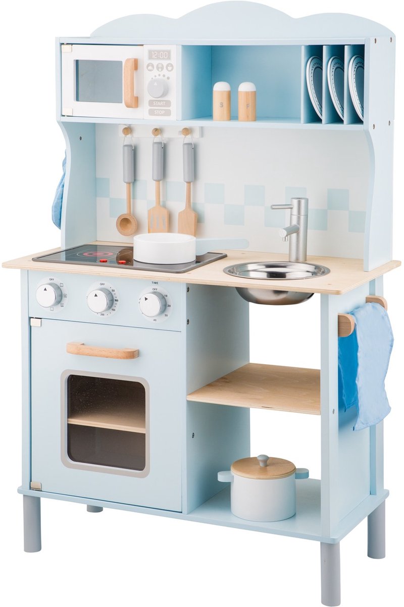 Woet® Houten Speelgoed Kinderkeuken - Speelkeukentje met Kookplaat met Licht en Geluid - Speelkeuken Blauw met Diverse Accessoires - Werkbladhoogte 55 cm - Rollenspel - Vanaf 3 Jaar — afbeelding 6