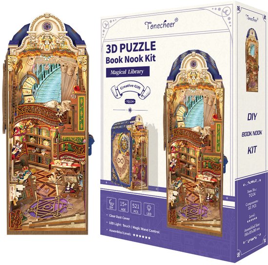 De verpakking en een open model van de Tonecheer 3D Puzzel Boek Nook Kit 'Magische Bibliotheek'.