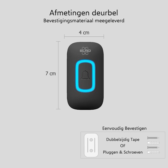 Afmetingen van de deurbelknop: 7 cm hoog en 4 cm breed. Bevestigingsmateriaal meegeleverd met tape en schroeven.