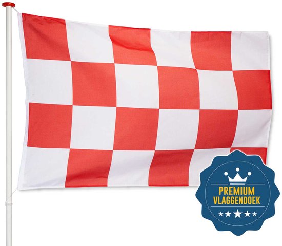 Rood-wit geblokte vlag aan een witte paal, met een blauw embleem met 'PREMIUM VLAGGENDOEK'.