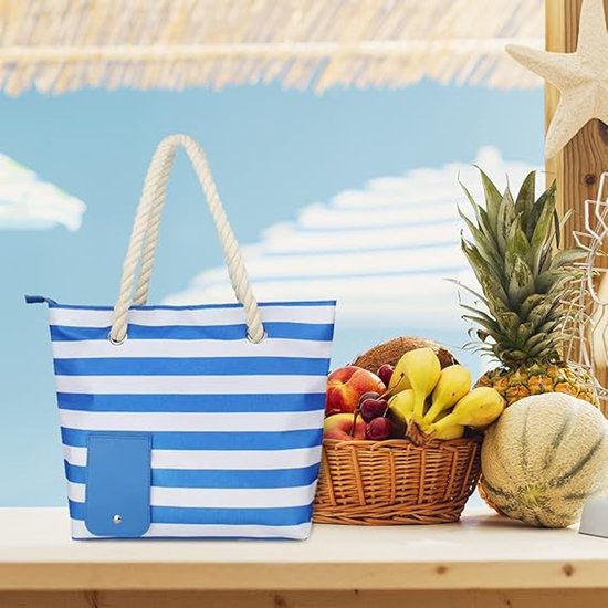 Wijntas voor op het strand - Wijnkoeltas - Lekvrije geïsoleerde tas - Verborgen compartiment met schenktuit - Geschikt voor 2 flessen wijn - Gestreept ontwerp - Geschikt voor reizen, restaurants, feesten en picknicks - Blauw, wit van Merkloos — afbeelding 5