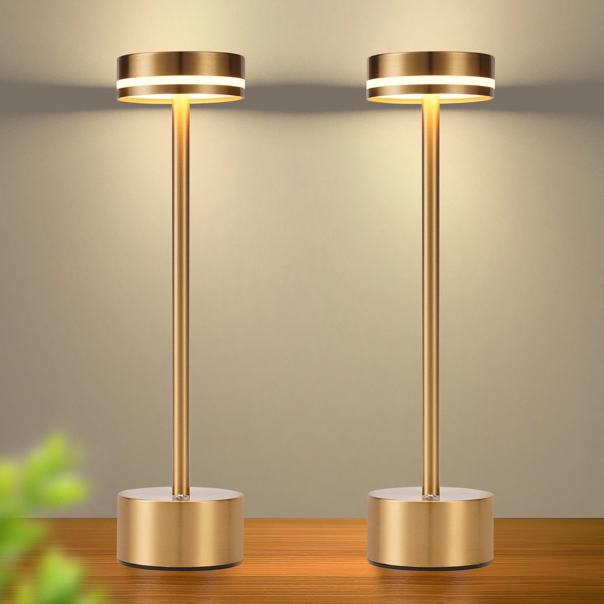 NETTLIFE Tafellamp LED - Accu - 2 Stuks - Goud - Draadloos Nachtlamp - Touch Dimbaar - 31.5cm - USB Oplaadbare - voor Slaapkamer | Eetkamer | Kantoor | Woonkamer