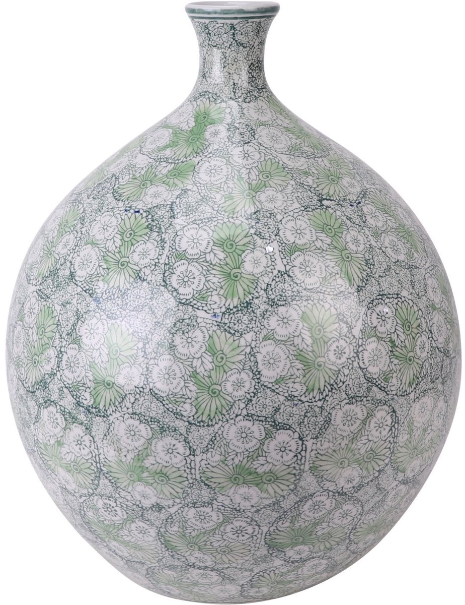 Fine Asianliving Chinese Vaas Porselein Groen Bloesems Handgeschilderd D36xH44cm Groen, Wit