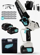 VENTRA® - Mini Kettingzaag - Heggenschaar 21V Accu - Handkettingzaag - Snoeizaag - Takkenzaag - 3000mAh - Inclusief 2 Accu's, 4 Kettingen en Veiligheidsbril
