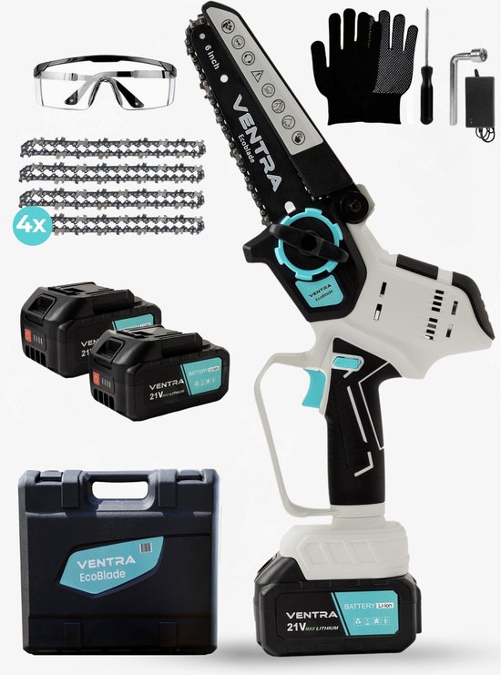 VENTRA® - Mini Kettingzaag - Heggenschaar 21V Accu - Handkettingzaag - Snoeizaag - Takkenzaag - 3000mAh - Inclusief 2 Accu's, 4 Kettingen en Veiligheidsbril