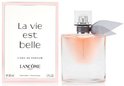 Lancôme La Vie est Belle Eau de Parfum, 30ml, in een glazen fles met lichtoranje parfum en een grijze strik, naast de verpakking.