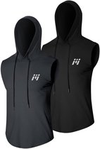MEETEU Lot de 2 débardeurs d'entraînement à capuche sans manches pour homme, pour la musculation, le fitness et les muscles - Zwart/ Grijs- XL