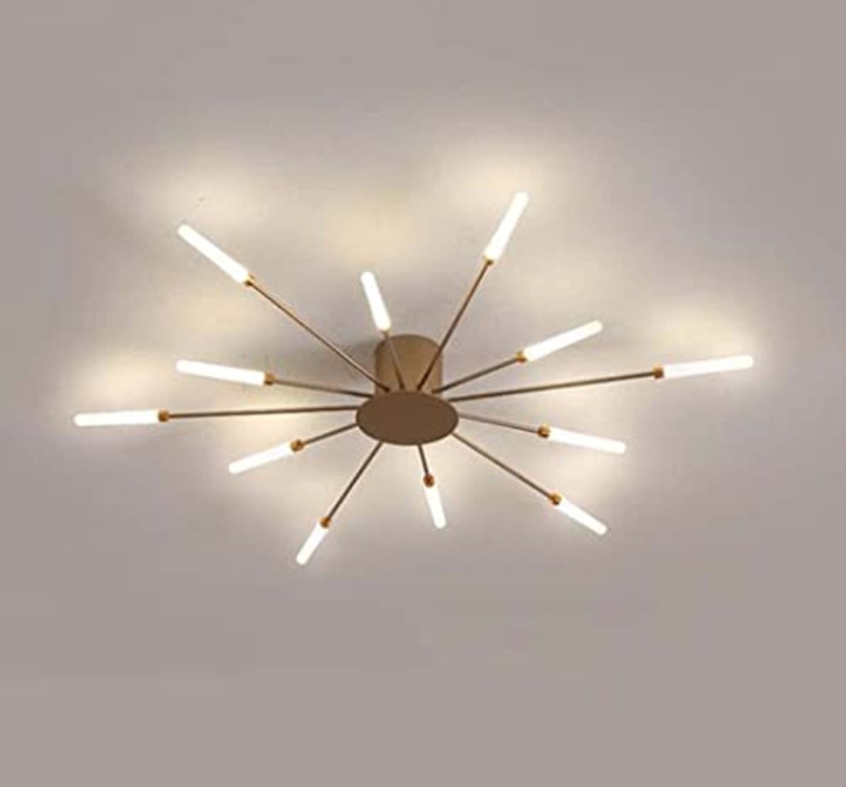 Haobosic - LED-kroonluchter in industriële stijl, 12 lampen van smeedijzer, vintage LED-plafondlamp in vuurwerkstijl, 4000K gouden kroonluchter voor woonkamer, slaapkamer, keuken en café