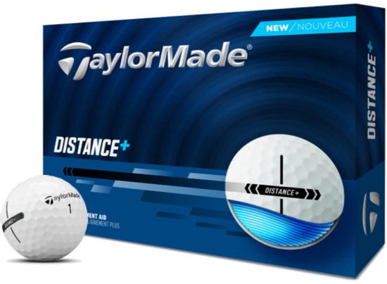 Doos TaylorMade Distance+ golfballen met een witte bal, tekst "DISTANCE+" en blauwe accenten.