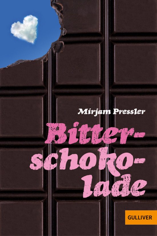 Couverture de livre avec une tablette de chocolat noir cassée, le titre 'Bitter Schokolade' et un petit cœur dans le ciel.