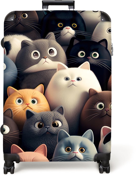 Zwarte koffer met een print van een grote groep schattige, cartoonachtige katten in verschillende kleuren en maten. Van voren gezien.