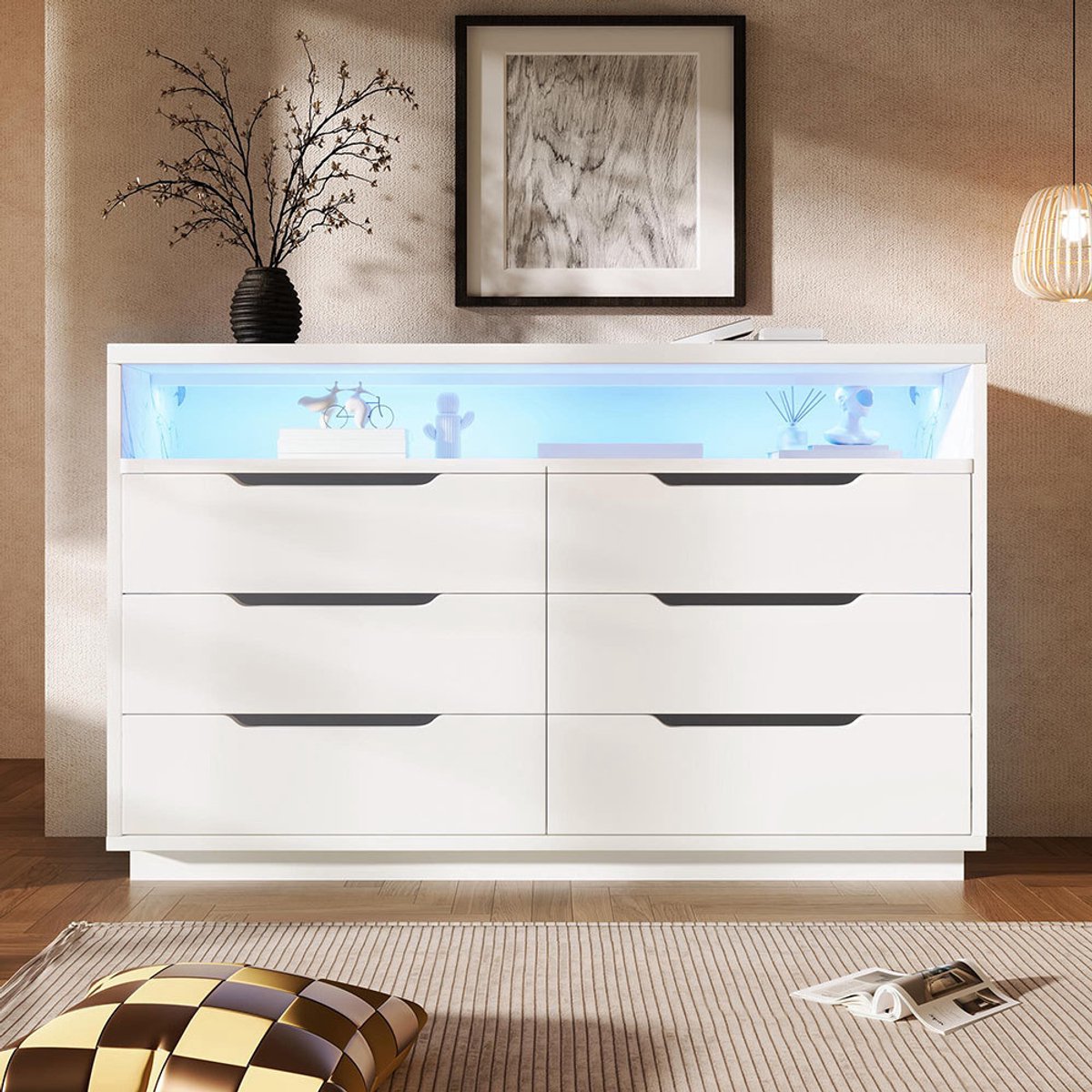 Pugsdrly - Dressoir Serie - Ladekast - 120x40x85 cm - 6 lades + LED-verlichting - Met marmerkorrel + wit