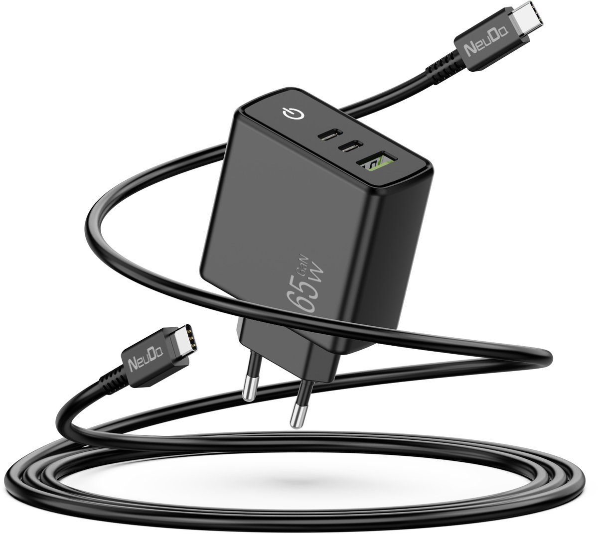 Neue Dawn - 65W USB C Snellader - USB C Oplader met 2 USB C poorten, 1 USB A Poort -met 1.8m USB C Kabel