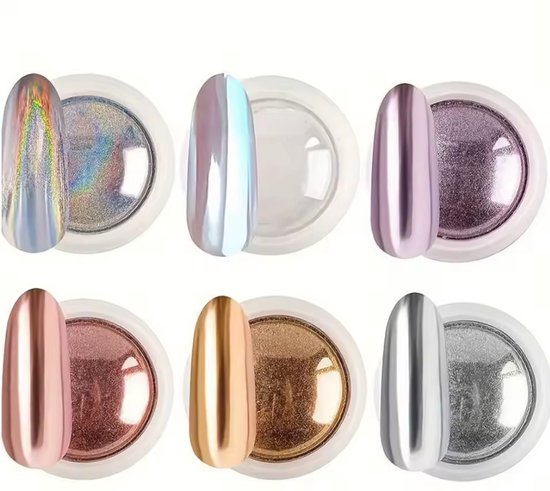 Set van 6 kleuren Holografische Glitter Poeder - Nail Art glitters - Kameleon Chrome Poeders - Spiegel en pigment poeder - Chrome Nagels - 6 kleuren - LOUZIR