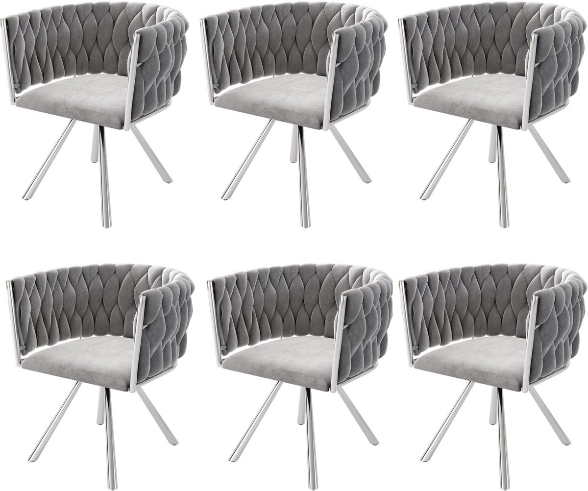 Merax Fluwelen eetkamerstoel - set van 6 - eenpersoons luxe woonkamer slaapkamer draaistoel - lounge draaistoel - grijs zilver Grijs en Zilver