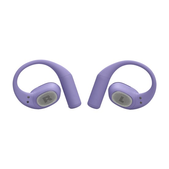 Paarse JBL Sense Lite oordopjes met oorhaken en speaker grille, van voren gezien.