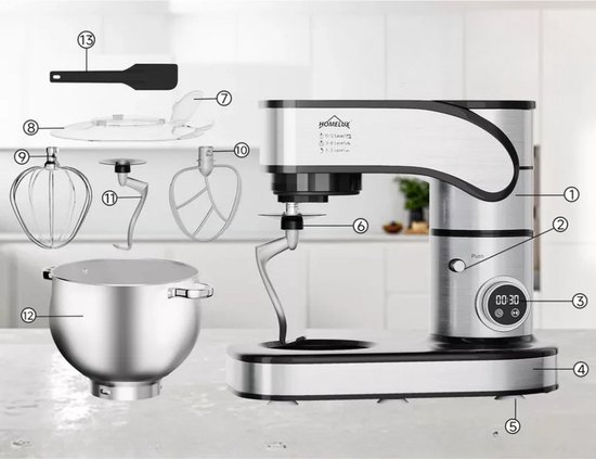 Homelux - Keukenmachine 12L - 2500W Krachtige Deegmixer met LED Touchscreen - Kneedmachine met RVS Kom & 3 Opzetstukken - Professionele Mixer voor Brood, Deeg, Taart - Hamurmakinesi - Deegmachine van Homelux — afbeelding 4