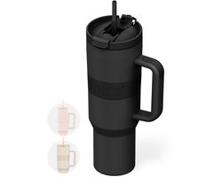 ONYX Drinkfles met Rietje 1.2 Liter - Waterfles voor Kinderen & Volwassenen - Thermosbeker RVS Travel Mug - Motiverende Drinkbus - Drinkbeker voor School - Zwart