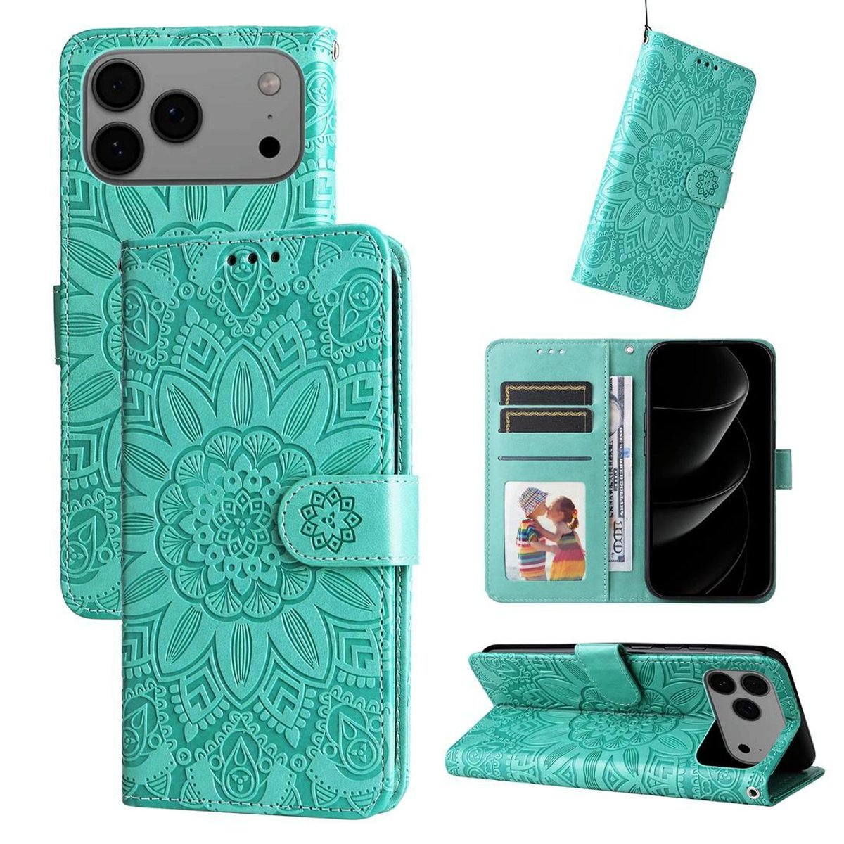 Mobigear Telefoonhoesje geschikt voor Apple iPhone 17 Pro Max Hoesje | Mobigear Sunflower Bookcase Portemonnee | Pasjeshouder voor 3 Pasjes | Telefoonhoesje voor Pinpas / OV Kaart / Rijbewijs - Groen