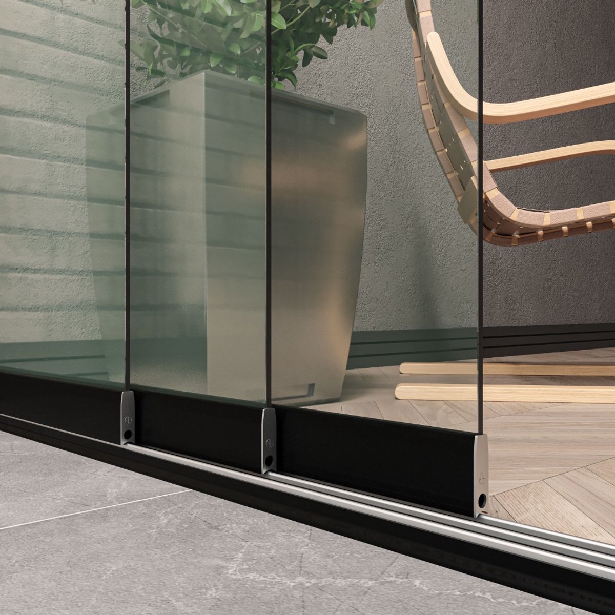 Kellux - Glazen Schuifdeursysteem voor Terrasoverkapping of Veranda - 3 deurs systeem 3 x 82 cm - Breedte 240 cm - Hoogte 200 cm - mat zwart (RAL 9005) - Helder glas - incl. 2 grepen, glasopvang en tochtwering