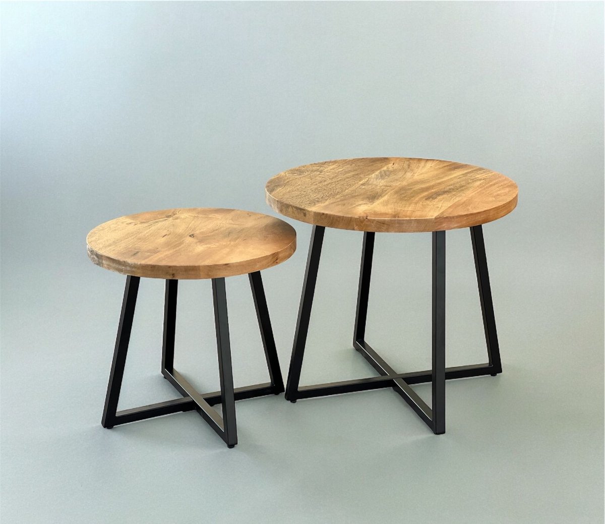 Bijzettafelset – Set van 2 – Rond Mangohout & Metaal – Industrieel Design met Kruisframe