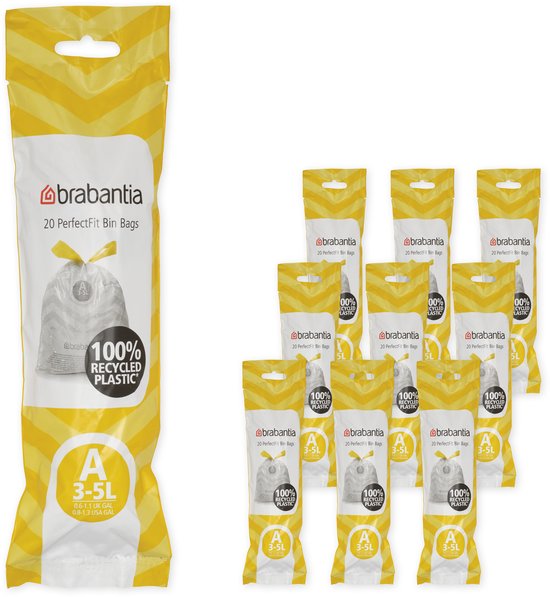 Emballage de 10 rouleaux de sacs poubelles Brabantia PerfectFit, Code A (3-5L). Jaune avec imprimé zigzag gris. 100% plastique recyclé.