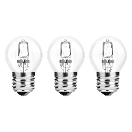 Drie heldere halogeenlampen met E27 schroeffitting, zichtbare gloeidraad.
