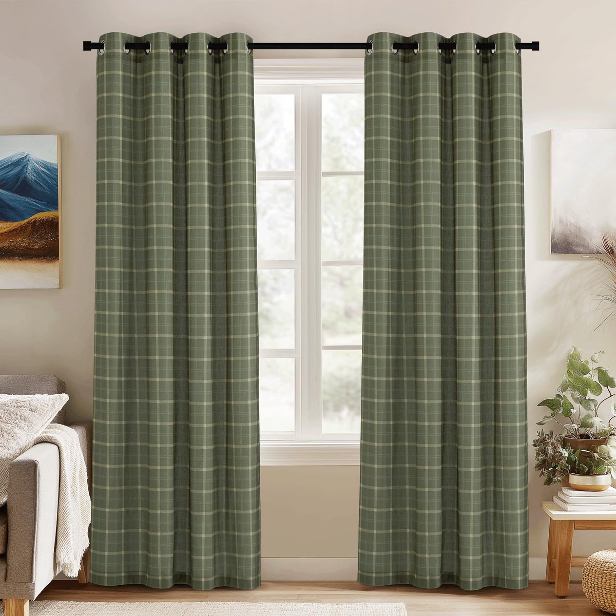 Ibenzoa Moderne Saliegroene Linnenlook Gordijnen Set met Patroon en Inslagringen, 245 x 132 cm Salie groen