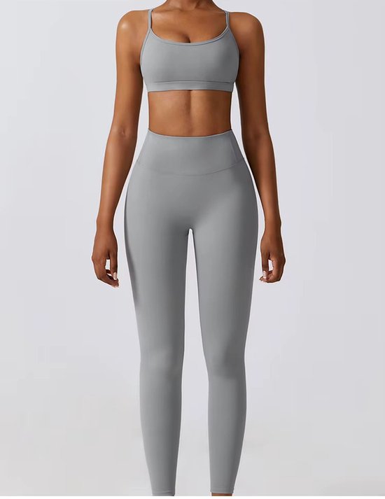 PureSquare - Ensemble de sport - 3 pièces - Taille M - Grijs - Ensemble Fitness - veste crop top - soutien-gorge de sport - leggings de sport - ensemble de yoga - ensemble de sport - ensemble de sport