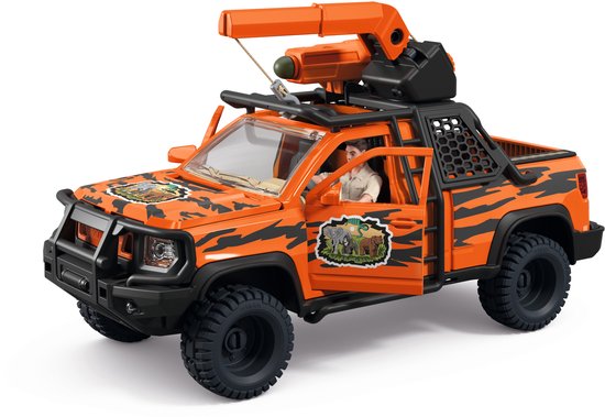 Oranje speelgoed pick-up truck met tijgerstrepen, kraan en een manfiguur die de deur opent.