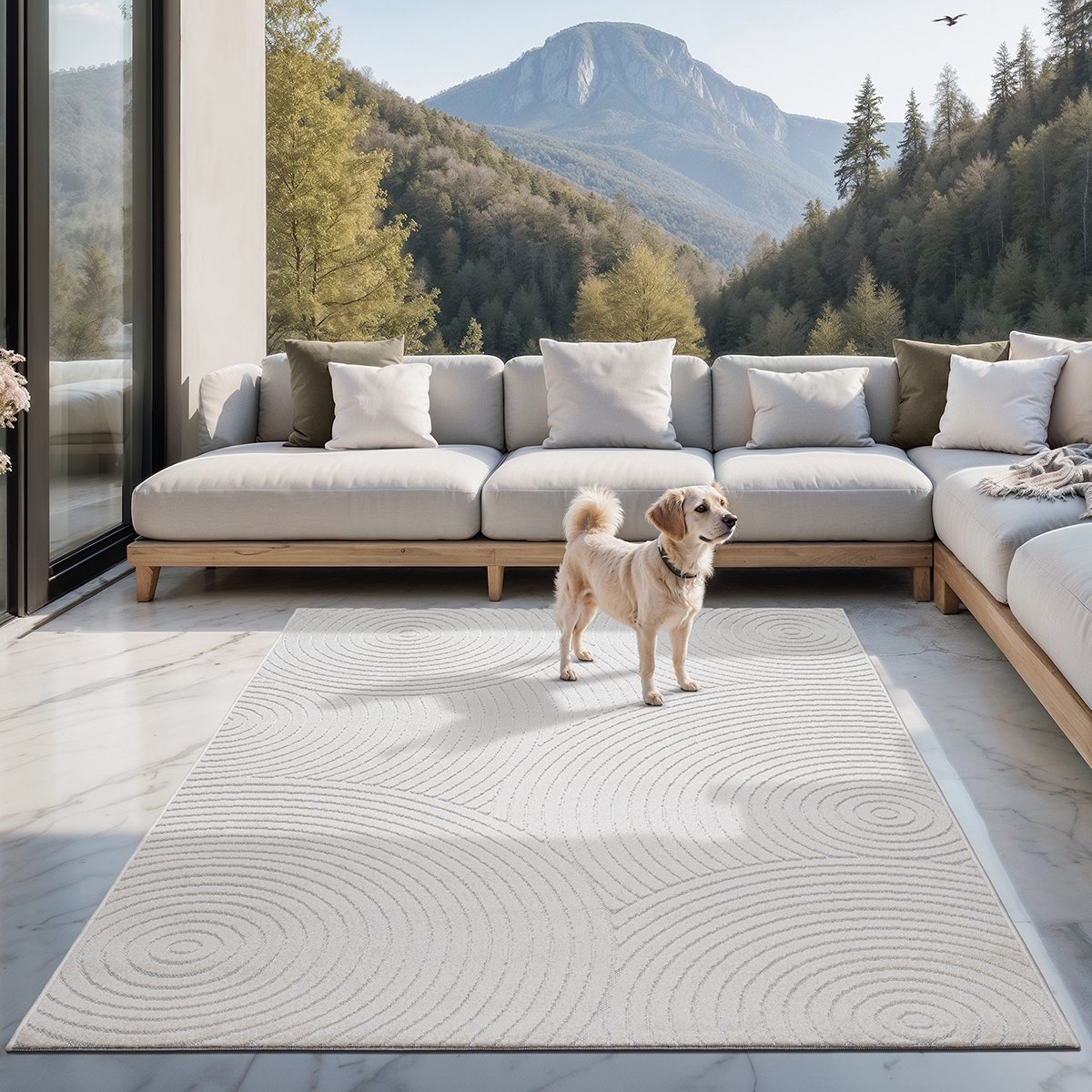 the carpet Santo Plus – Weerbestendig outdoor vloerkleed met cirkelpatroon en 3D structuur, geschikt voor balkon, terras en woonkamer, crème met 3D cirkelpatroon, 140 x 200 cm