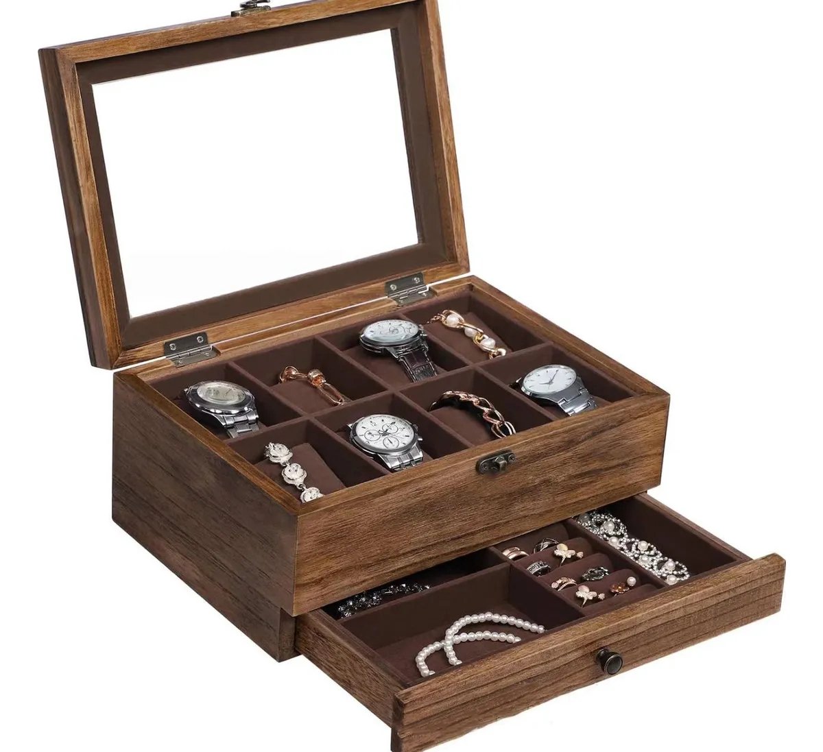 Houten horloge doos - horlogebox met glazen deksel - Sieradendoos - Heren Dames - 12 vakken