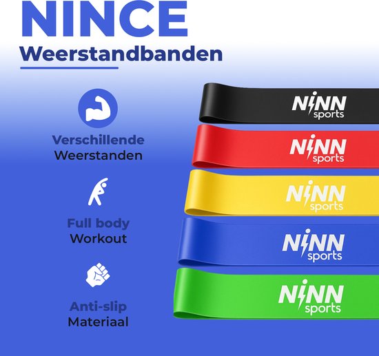 NINN Sports Zwart - Premium Weerstandsbanden van hoge kwaliteit - Set van 5 Resistance Banden - Fitness Elastiek - Incl eBook - Valentijn cadeautje voor haar - Valentijn