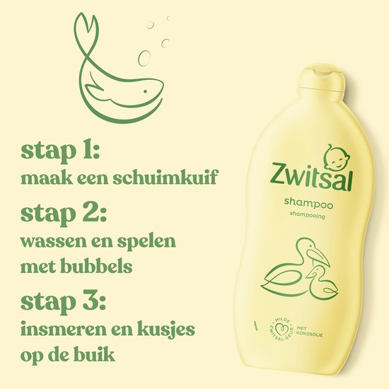 Een gele fles Zwitsal shampoo met een pelikaan en kuiken. "Stap 1: maak een schuimkuif, stap 2: wassen en spelen met bubbels, stap 3: insmeren en kusjes op de buik."