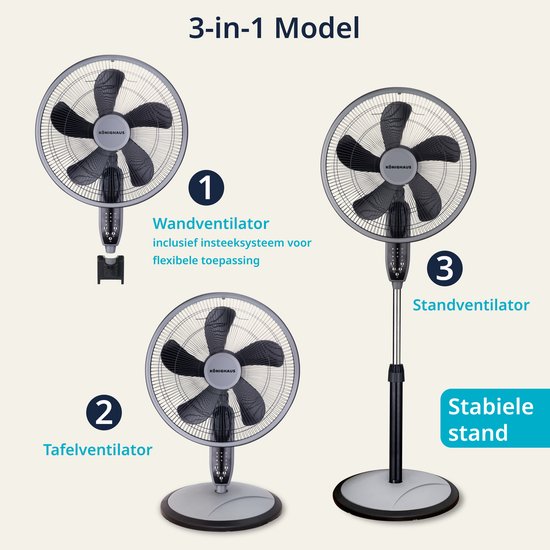 Könighaus 3-in-1 ventilator staand, tafel & wand – stil, krachtig 55W, wifi, afstandsbediening, verstelbaar