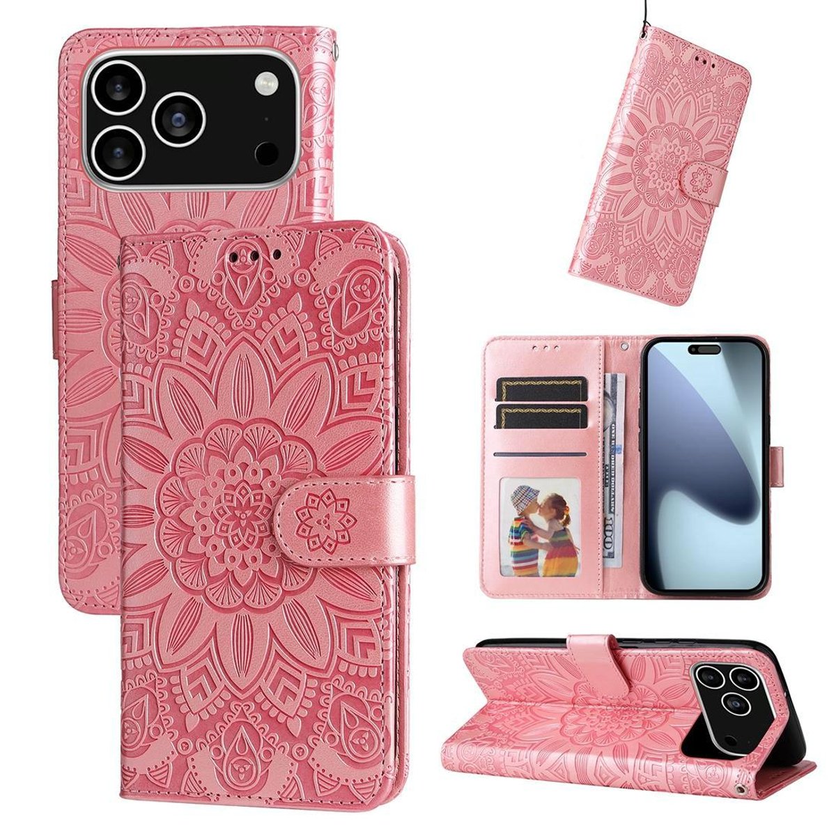 Mobigear Telefoonhoesje geschikt voor Apple iPhone 17 Pro Hoesje | Mobigear Sunflower Bookcase Portemonnee | Pasjeshouder voor 3 Pasjes | Telefoonhoesje voor Pinpas / OV Kaart / Rijbewijs - Roze