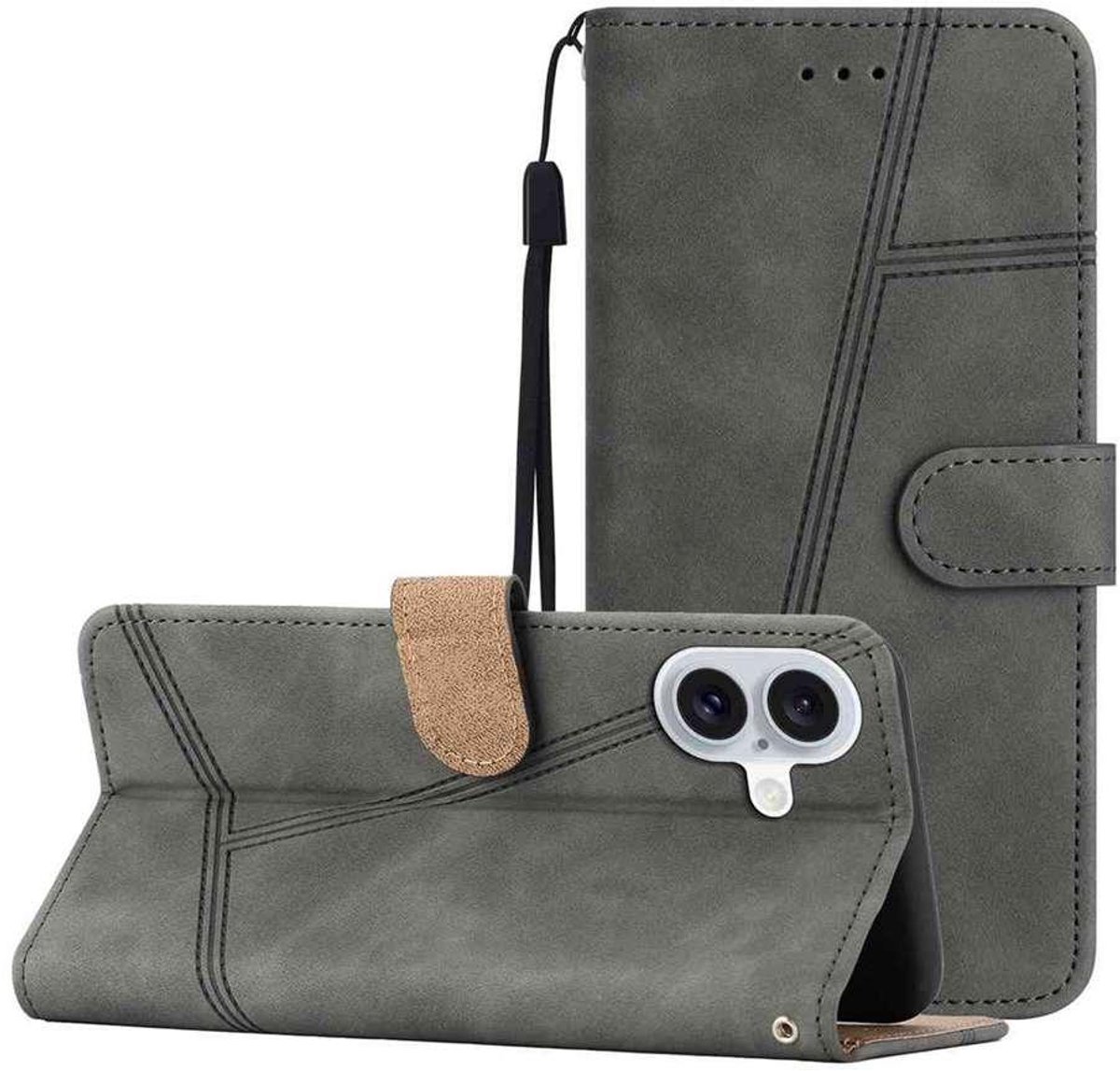 Mobigear Telefoonhoesje geschikt voor Apple iPhone 17 Hoesje | Mobigear Stitch Bookcase Portemonnee | Pasjeshouder voor 2 Pasjes | Telefoonhoesje voor Pinpas / OV Kaart / Rijbewijs - Grijs