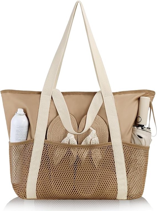 Sac de plage femme - Grande capacité - Pliable - Compartiments multiples - Sac de bain en maille imperméable - Cadeau femme - Sac tendance et polyvalent pour la plage, la natation et les vacances - Taille XXL Marron