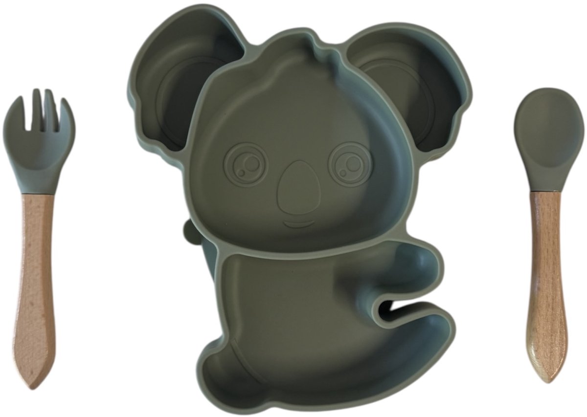 KimDo - Koala Siliconen babyservies set met zuignap - Groen - Kinderservies set - Babybordje - Kinderbordje - Baby servies - Babybestek - Kinderbestek – Babybestek - Oven, vriezer en vaatwasserbestendig - BPA en PVC vrij bord