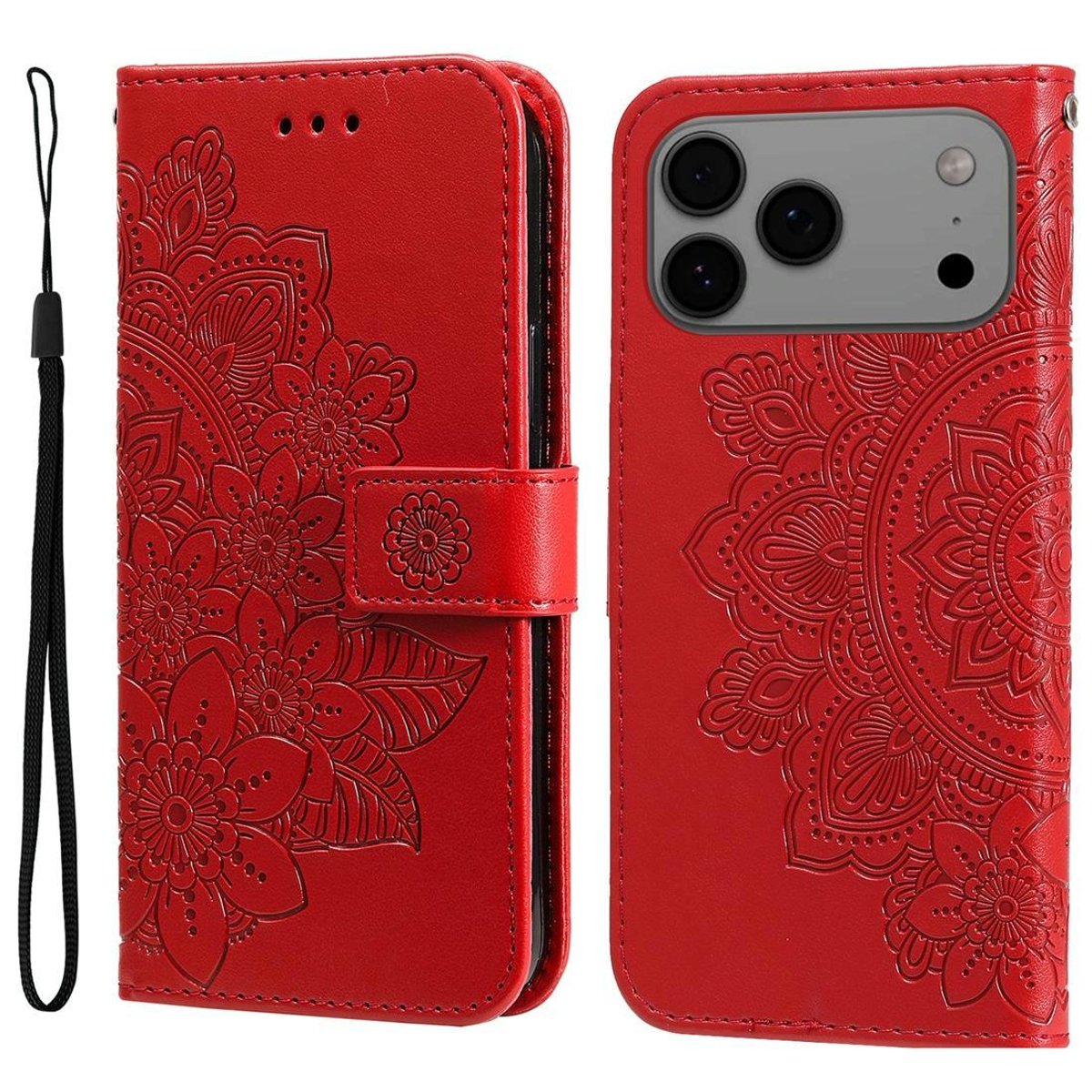 Mobigear Telefoonhoesje geschikt voor Apple iPhone 17 Pro Max Hoesje | Mobigear Flowers Bookcase Portemonnee | Pasjeshouder voor 3 Pasjes | Telefoonhoesje voor Pinpas / OV Kaart / Rijbewijs - Rood
